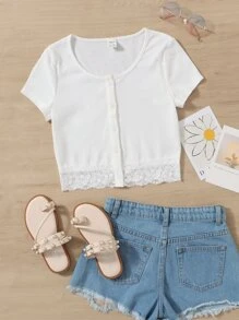 SHEIN Teen Girls Contrast Lace Button Front Tee - White - View 1
