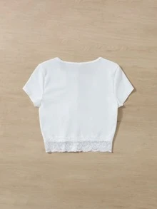 SHEIN Teen Girls Contrast Lace Button Front Tee - White - View 2