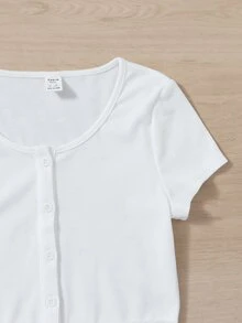 SHEIN Teen Girls Contrast Lace Button Front Tee - White - View 3