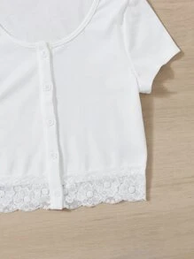 SHEIN Teen Girls Contrast Lace Button Front Tee - White - View 4