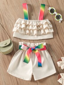 SHEIN 小女童漸層織帶多層荷葉邊吊帶上衣和紙袋腰附腰帶短褲 - 杏色 - 查看 1