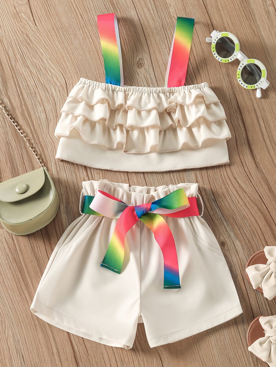 SHEIN 小女童漸層織帶多層荷葉邊吊帶上衣和紙袋腰附腰帶短褲 - 杏色 - 查看 1