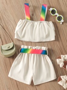 SHEIN 小女童漸層織帶多層荷葉邊吊帶上衣和紙袋腰附腰帶短褲 - 杏色 - 查看 2