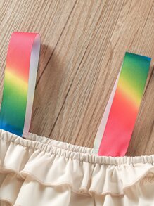 SHEIN 小女童漸層織帶多層荷葉邊吊帶上衣和紙袋腰附腰帶短褲 - 杏色 - 查看 3