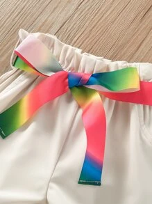 SHEIN 小女童漸層織帶多層荷葉邊吊帶上衣和紙袋腰附腰帶短褲 - 杏色 - 查看 6