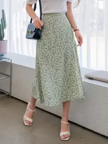DAZY Allover Floral Print Split Thigh Skirt Fall Vacation Outfits Women - Mint Green - View 4