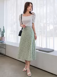 DAZY Allover Floral Print Split Thigh Skirt Fall Vacation Outfits Women - Mint Green - View 6
