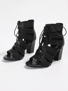 Sandalias de tacón alto a la moda para mujer, sandalia romana con cordones de color sólido - Negro - Ver 4