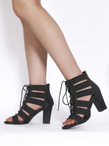 Sandalias de tacón alto a la moda para mujer, sandalia romana con cordones de color sólido - Negro - Ver 6