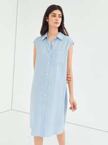 SHEIN Essnce Đầm Nút màu trơn Giải trí - Màu xanh nhạt - Xem 4