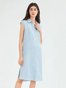 SHEIN Essnce Đầm Nút màu trơn Giải trí - Màu xanh nhạt - Xem 6