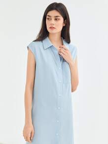 SHEIN Essnce Đầm Nút màu trơn Giải trí - Màu xanh nhạt - Xem 7