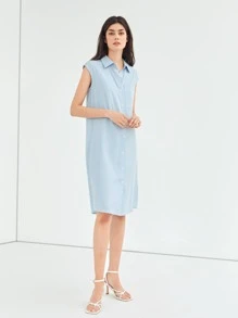 SHEIN Essnce Đầm Nút màu trơn Giải trí - Màu xanh nhạt - Xem 9