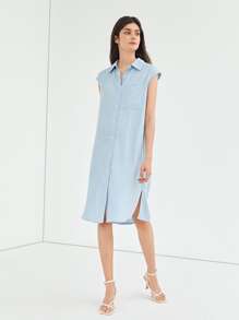 SHEIN Essnce Đầm Nút màu trơn Giải trí - Màu xanh nhạt - Xem 10