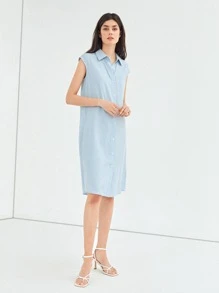 SHEIN Essnce Đầm Nút màu trơn Giải trí - Màu xanh nhạt - Xem 11