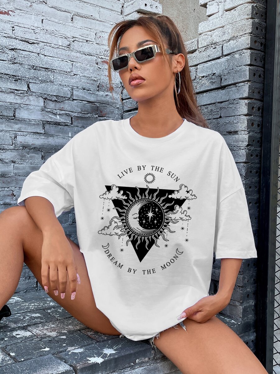 SHEIN EZwear 太陽和月亮和標語圖案落肩T恤 - 白色 - 查看 1
