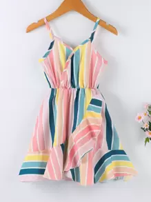 SHEIN Toddler Girls Striped Colourblock Overlap Collar Ruffle Hem Cami Dress - Multicolor - View 1