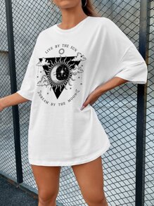 SHEIN EZwear 太陽和月亮和標語圖案落肩T恤 - 白色 - 查看 3