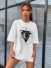 SHEIN EZwear 太陽和月亮和標語圖案落肩T恤 - 白色 - 查看 4