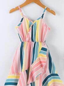SHEIN Toddler Girls Striped Colourblock Overlap Collar Ruffle Hem Cami Dress - Multicolor - View 3