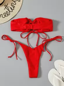 SHEIN Swim Summer Beach Solid Bikini Set Ring Linked Self-Tie Bandeau Top & Thong Bottom 2 Piece Bathing Suit - Red - View 5