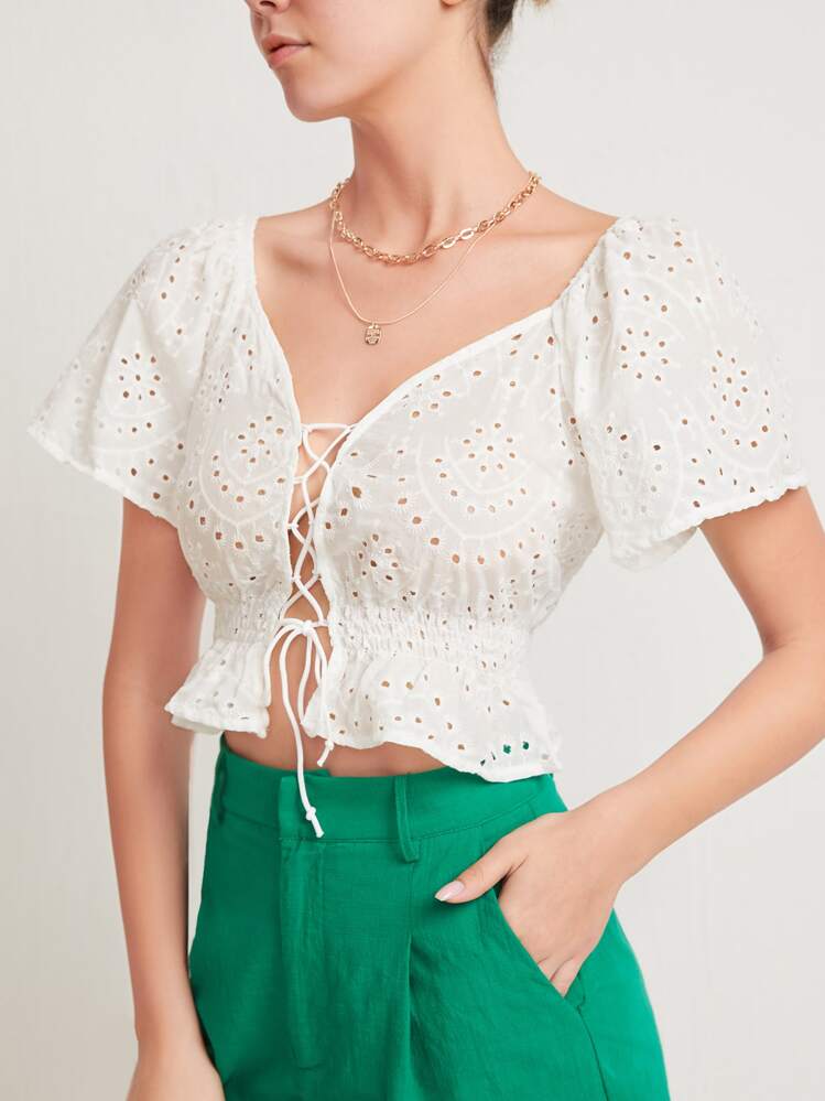Off Shoulder Lace Up Schiffy Top - White - View 1
