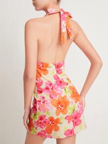 SHEIN Floral Print Backless Halter Neck Dress - Multicolor - View 2