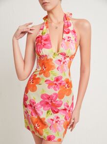 SHEIN Floral Print Backless Halter Neck Dress - Multicolor - View 3