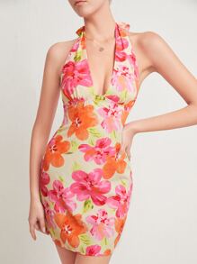 SHEIN Floral Print Backless Halter Neck Dress - Multicolor - View 4