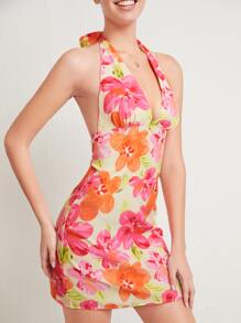 SHEIN Floral Print Backless Halter Neck Dress - Multicolor - View 5