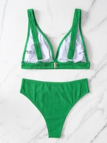 SHEIN Swim Bikini con cuello en V texturizado para vacaciones de verano en la playa - Verde - Ver 3