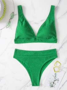 SHEIN Swim Bikini con cuello en V texturizado para vacaciones de verano en la playa - Verde - Ver 4