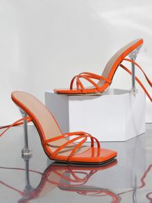 Women Tie Leg Design Stiletto Heeled Strappy Sandals, Funky Summer Heeled Sandals - Orange - View 4