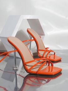 Women Tie Leg Design Stiletto Heeled Strappy Sandals, Funky Summer Heeled Sandals - Orange - View 5