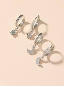 4pcs/Set Copper Inlaid Cubic Zirconia Earrings, Including Star, Moon, Flower And Pentagram Shape, Suitable For Women's Daily Wear, Dating, Parties, Weddings, Etc. - Silver - View 2