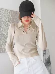 DAZY Blusa de punto acanalado con detalle de ojetes y ribete de contraste, manga larga, ropa de mujer para otoño - Beis - Ver 1