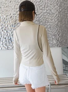 DAZY Blusa de punto acanalado con detalle de ojetes y ribete de contraste, manga larga, ropa de mujer para otoño - Beis - Ver 2