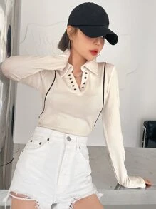 DAZY Blusa de punto acanalado con detalle de ojetes y ribete de contraste, manga larga, ropa de mujer para otoño - Beis - Ver 5