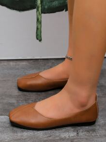 Tối giản Chóp giầy hình vuông Giày phẳng Ba lê - màu nâu - Xem 3