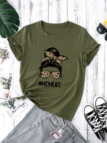 SHEIN LUNE Figure And Letter Graphic Tee Graphic Tees Women Tops - Army Green - View 1