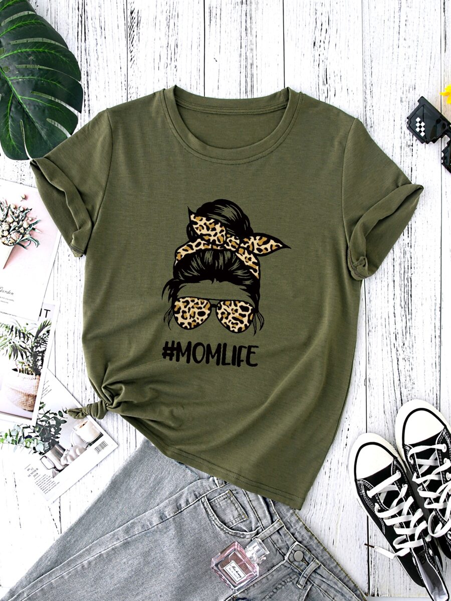 SHEIN LUNE Figure And Letter Graphic Tee Graphic Tees Women Tops - Army Green - View 1