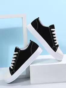 Women Black Lace-up Front Sneakers, Round Toe Fashionable Canvas Shoes - Black - View 2