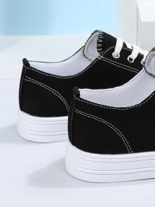 Women Black Lace-up Front Sneakers, Round Toe Fashionable Canvas Shoes - Black - View 3