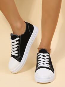 Women Black Lace-up Front Sneakers, Round Toe Fashionable Canvas Shoes - Black - View 6