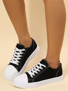 Women Black Lace-up Front Sneakers, Round Toe Fashionable Canvas Shoes - Black - View 7