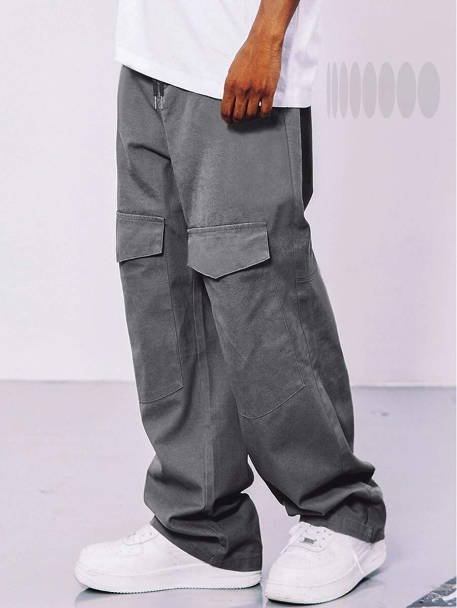 Manfinity Men Flap Pocket Front Drawstring Waist Cargo Trousers - Dark Grey - View 1