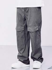 Manfinity Men Flap Pocket Front Drawstring Waist Cargo Trousers - Dark Grey - View 3