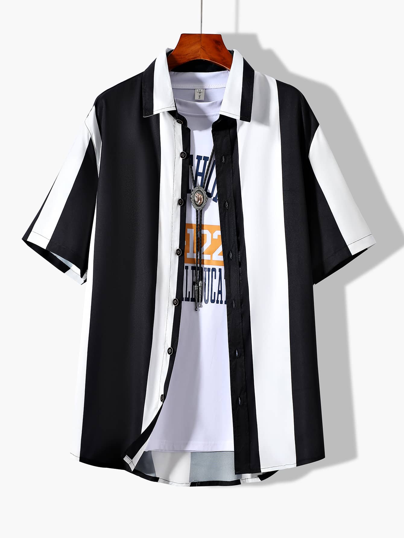 Manfinity Homme Men Random Striped Colorblock Shirt Without Tee - Black and White - View 1