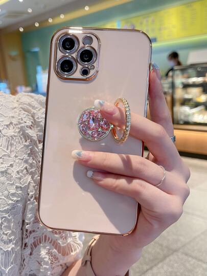 Straight Edge Electroplated Rhinestone Bracket Phone Case Compatible With iPhone15/15Plus/15Pro/15Promax