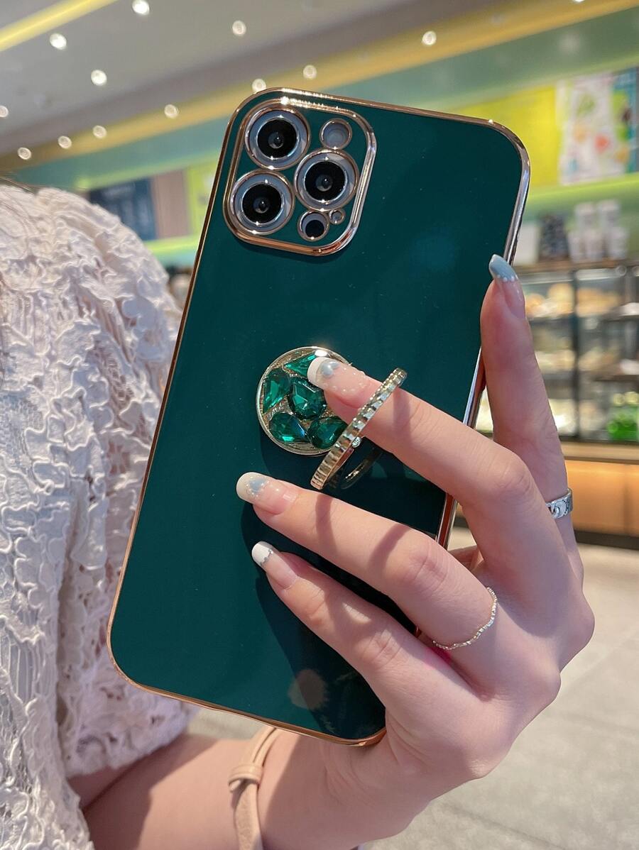 Green Straight-Edge Electroplated Rhinestone Stand Phone Case Compatible With IPhone15/15Plus/15Pro/15Promax - Dark Green - View 1